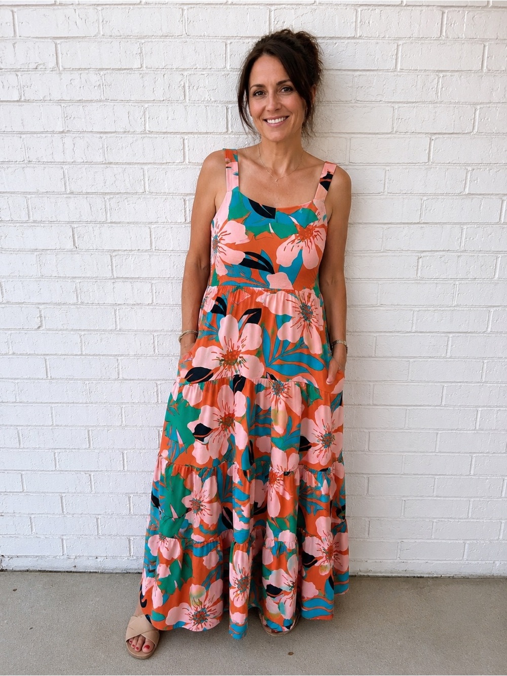 PrettyGarden Floral Tiered Maxi Dress Medium  Tropical Smocked Back Pockets